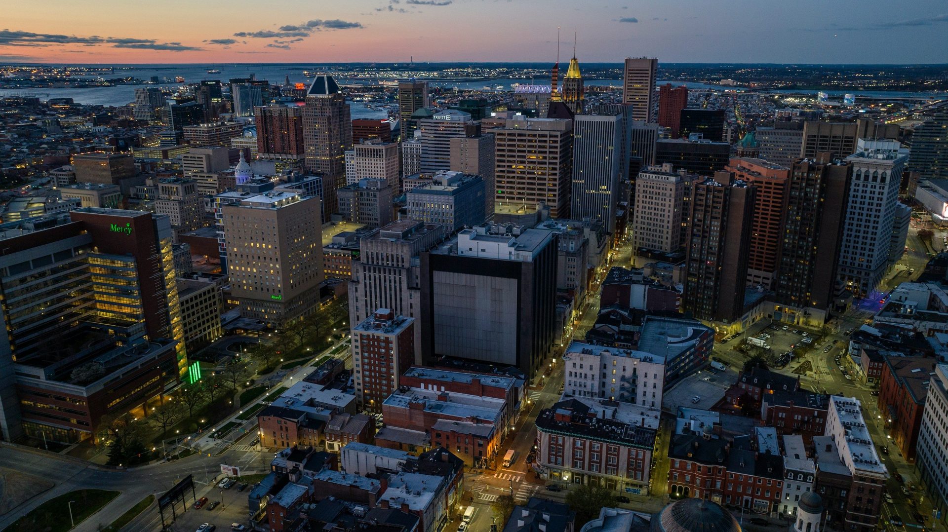 An aerial view of a city at night